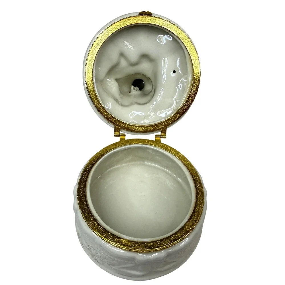 Porcelain Angel Trinket Jewelry Box Bath Salt Holder Gold Trim Bird 5in Wx7in H